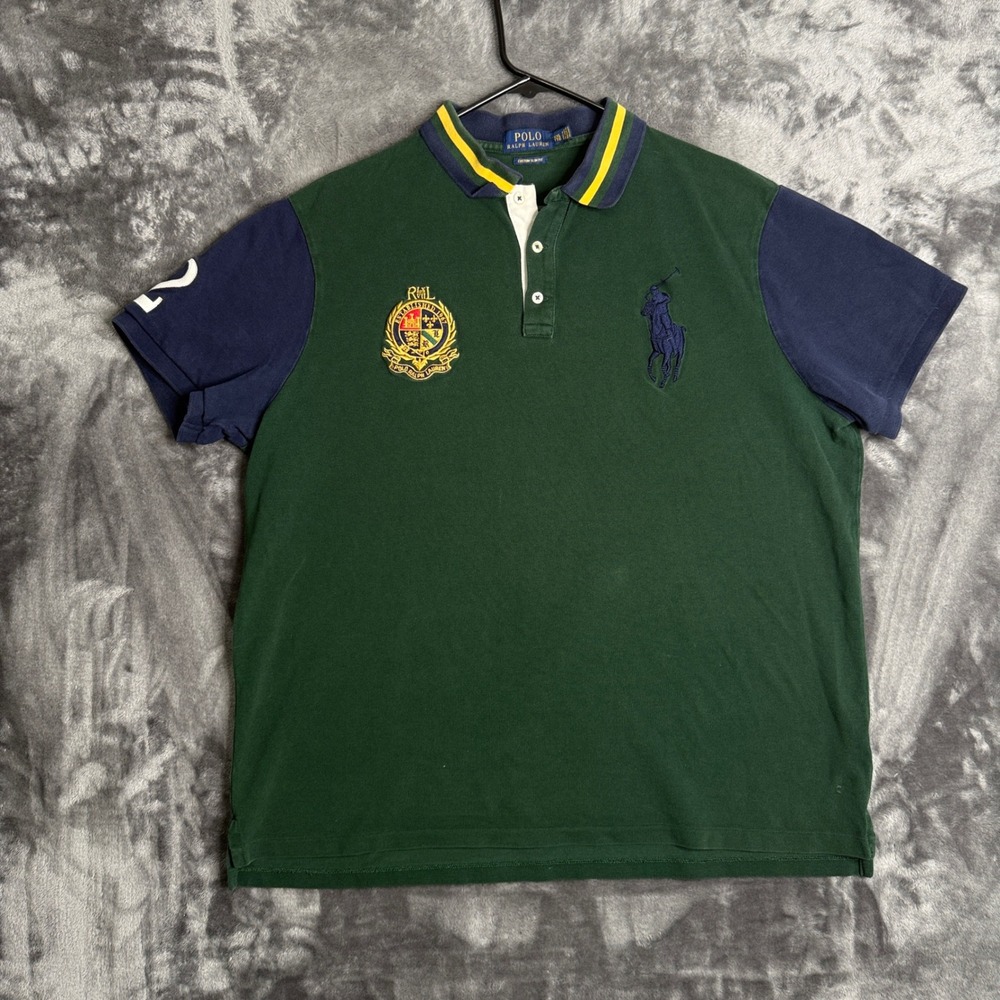 Polo by Ralph Lauren Green Polo Shirt with Navy Sleeves and Yellow Trim